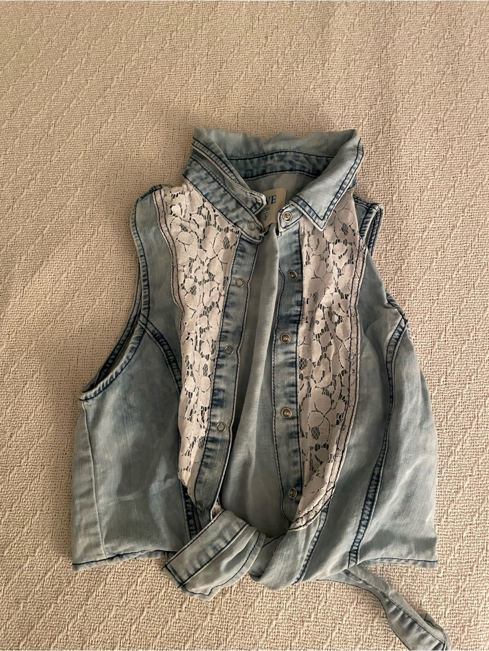 Love Culture Light Blue Denim Top with White Lace Accents
